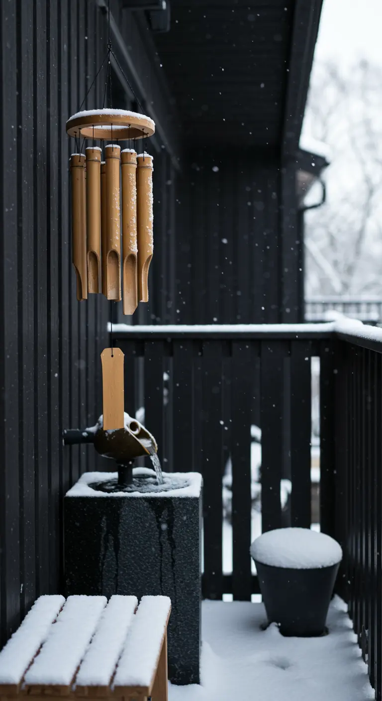 A bamboo wind chime and a small frozen water feature on a dark, minimalist balcony.