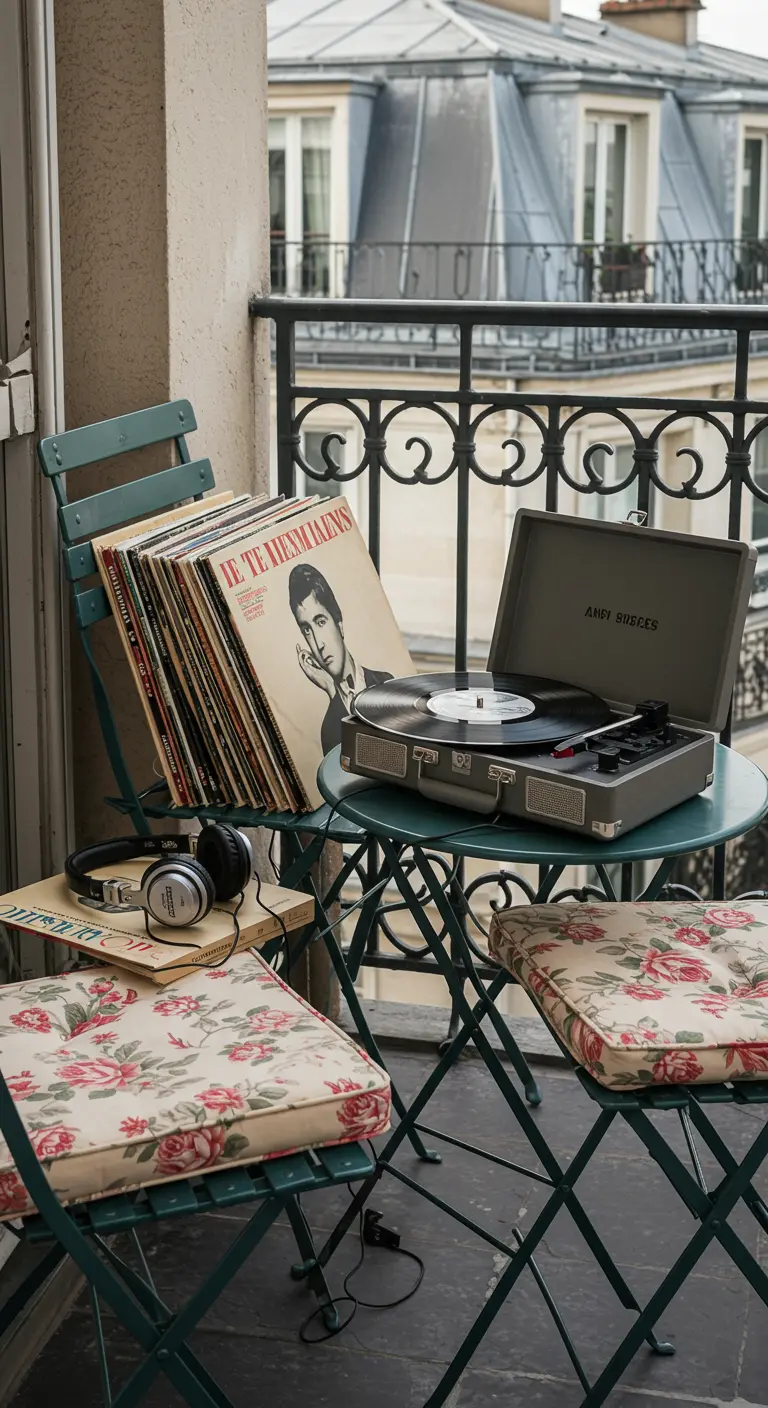 A vintage record player and a stack of LPs on a bistro table on a balcony.