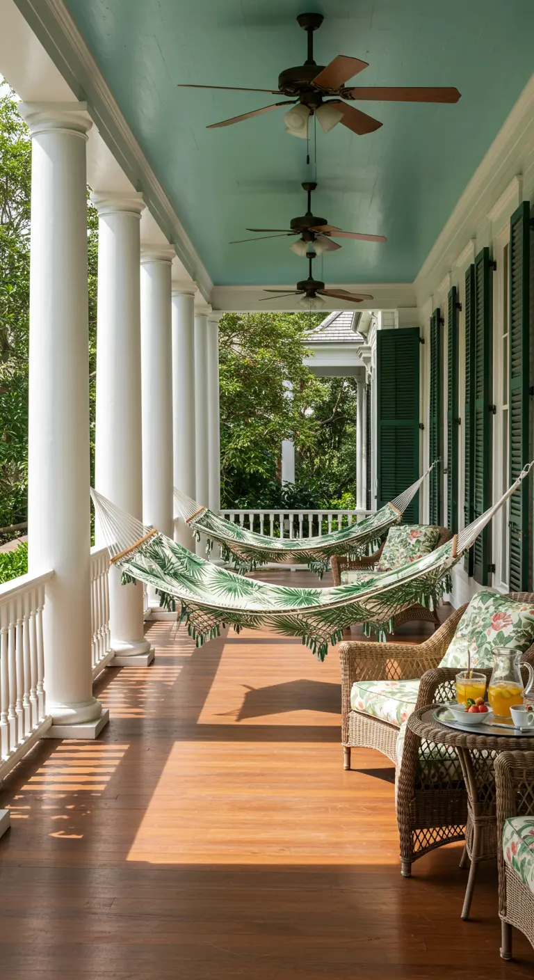 Leaf-print hammocks with tassels hanging on a classic Southern porch with white columns and fans.