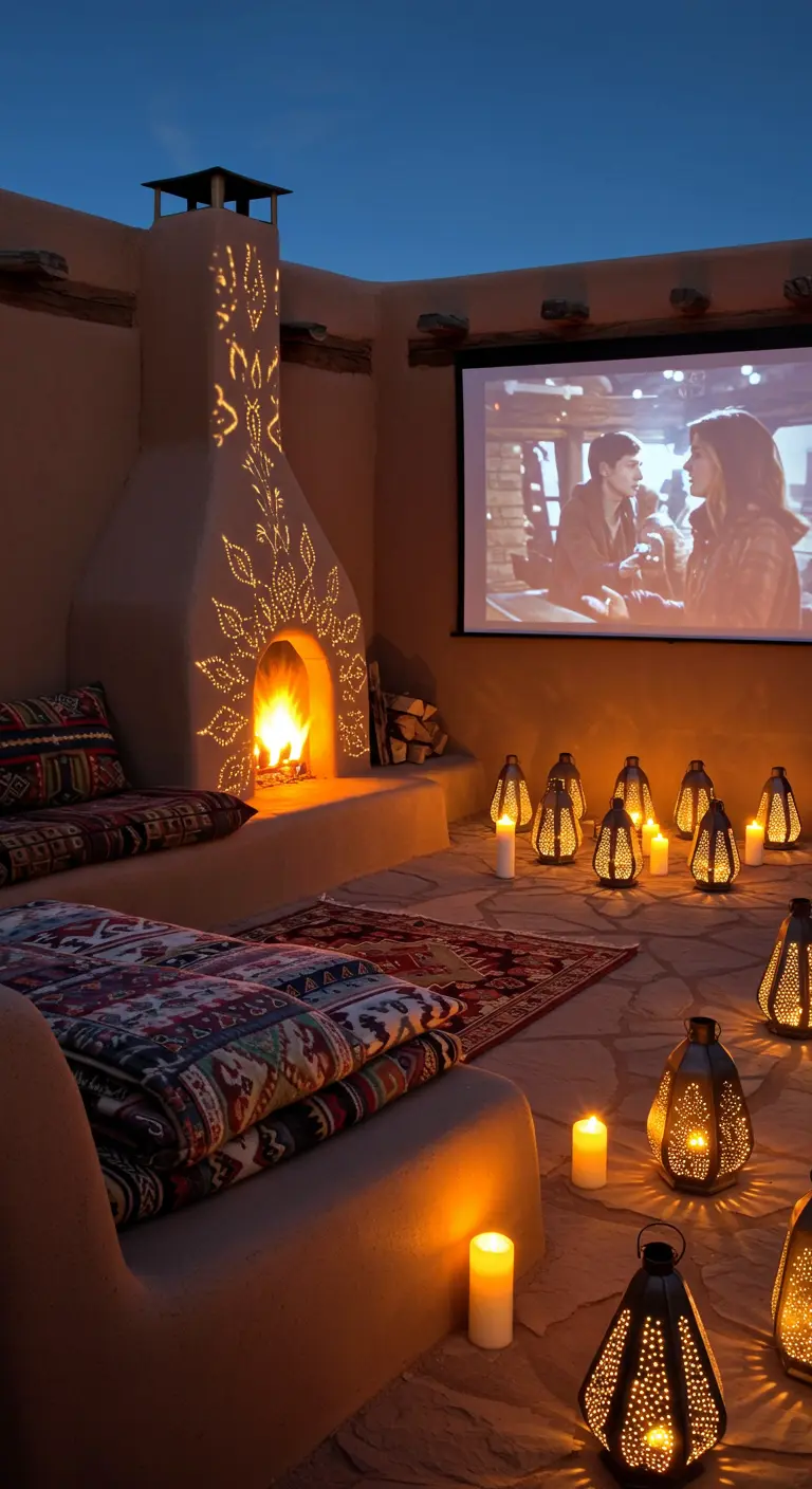 A Southwestern patio with an adobe fireplace, patterned lanterns, and kilim rugs for an outdoor movie.