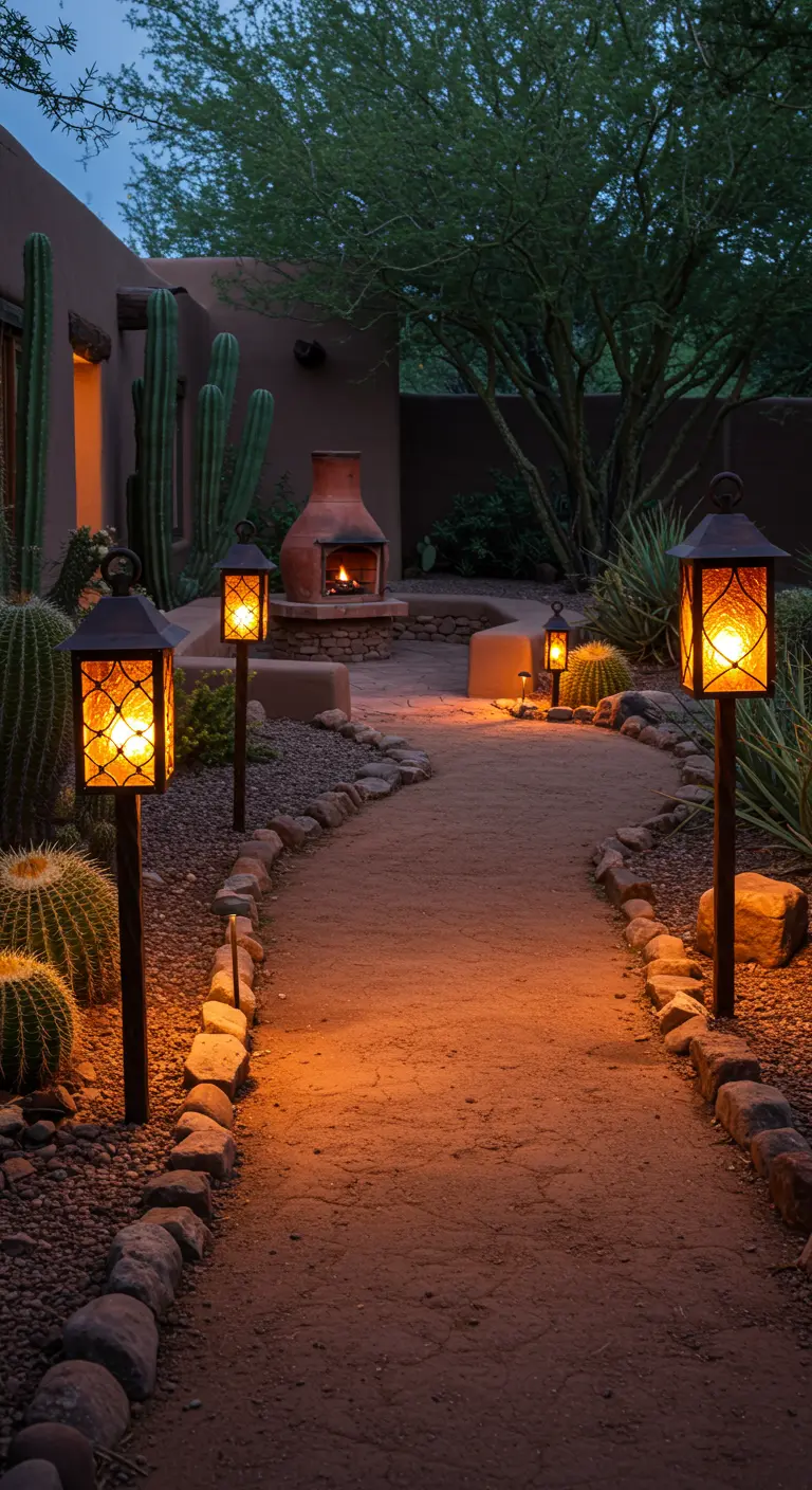 A dirt path in a desert garden is lit by amber glass lanterns on posts, near a chiminea.