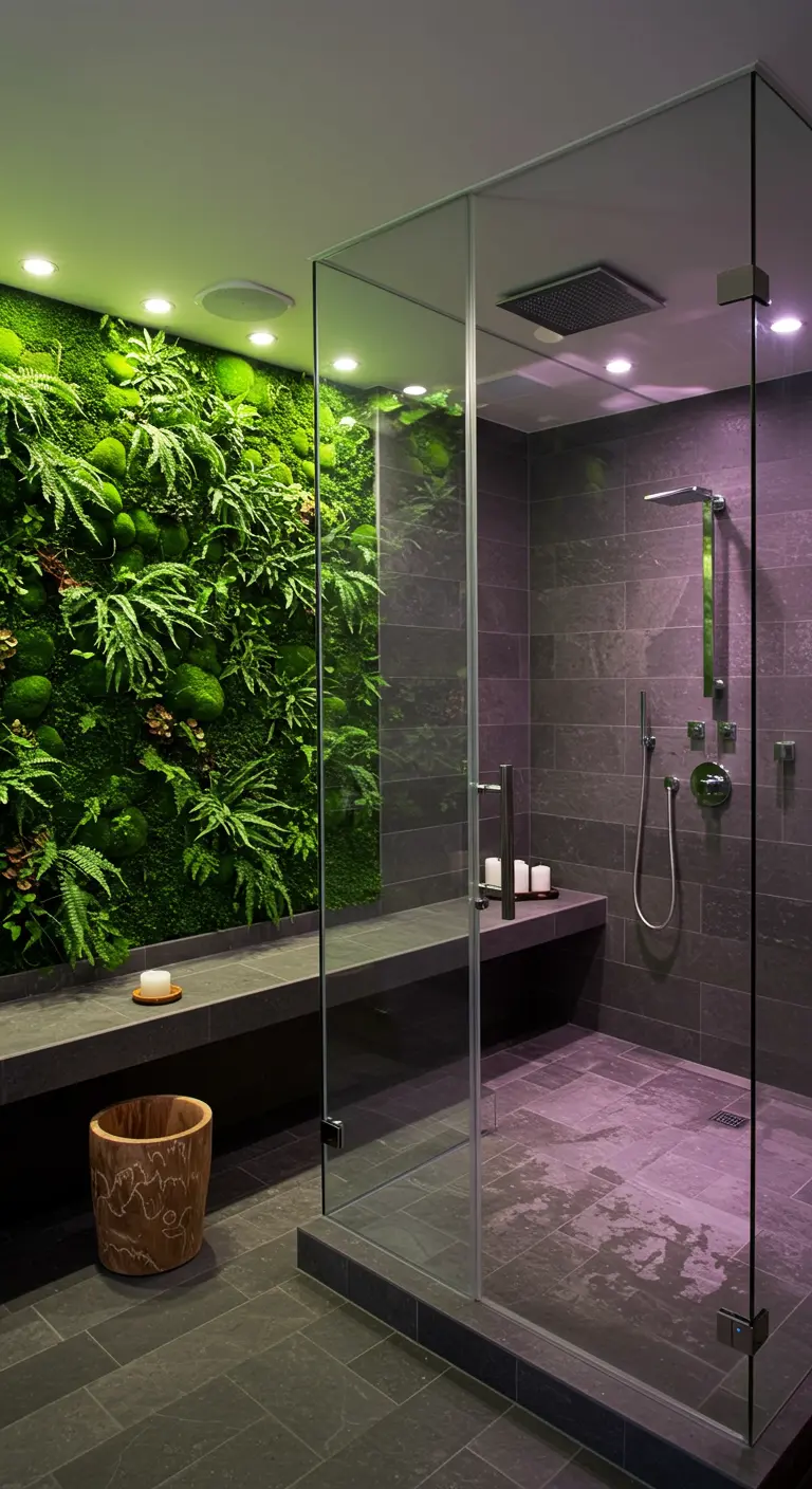 Walk-in shower with a stone bench running along a lush moss and fern wall.