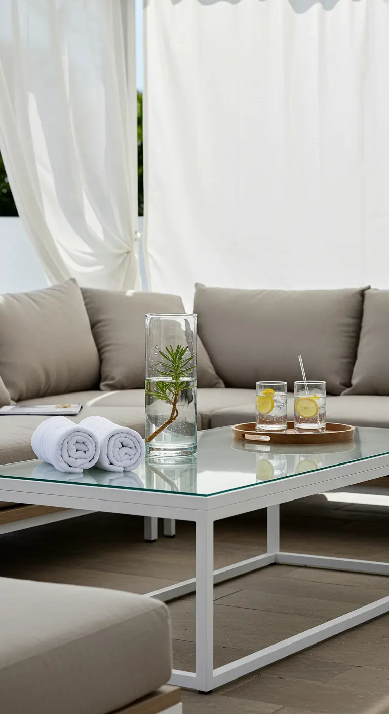 A serene patio setting with a minimalist centerpiece of a plant sprig in a vase and spa water.