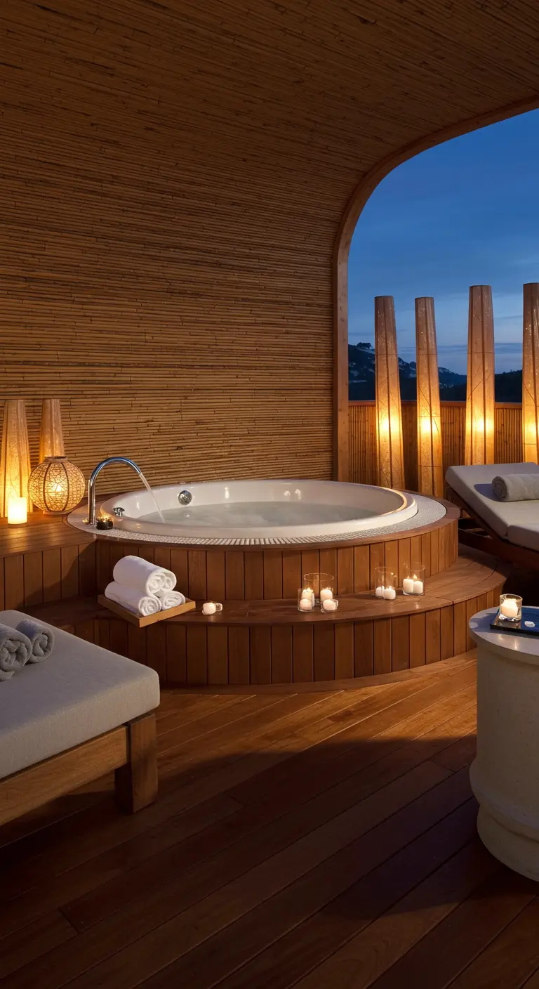 A luxury terrace with a round hot tub surrounded by wood decking and tall lanterns.