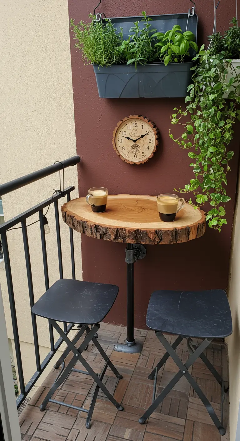 A half-moon wood slice table mounted to the wall of a small balcony, with a matching clock.
