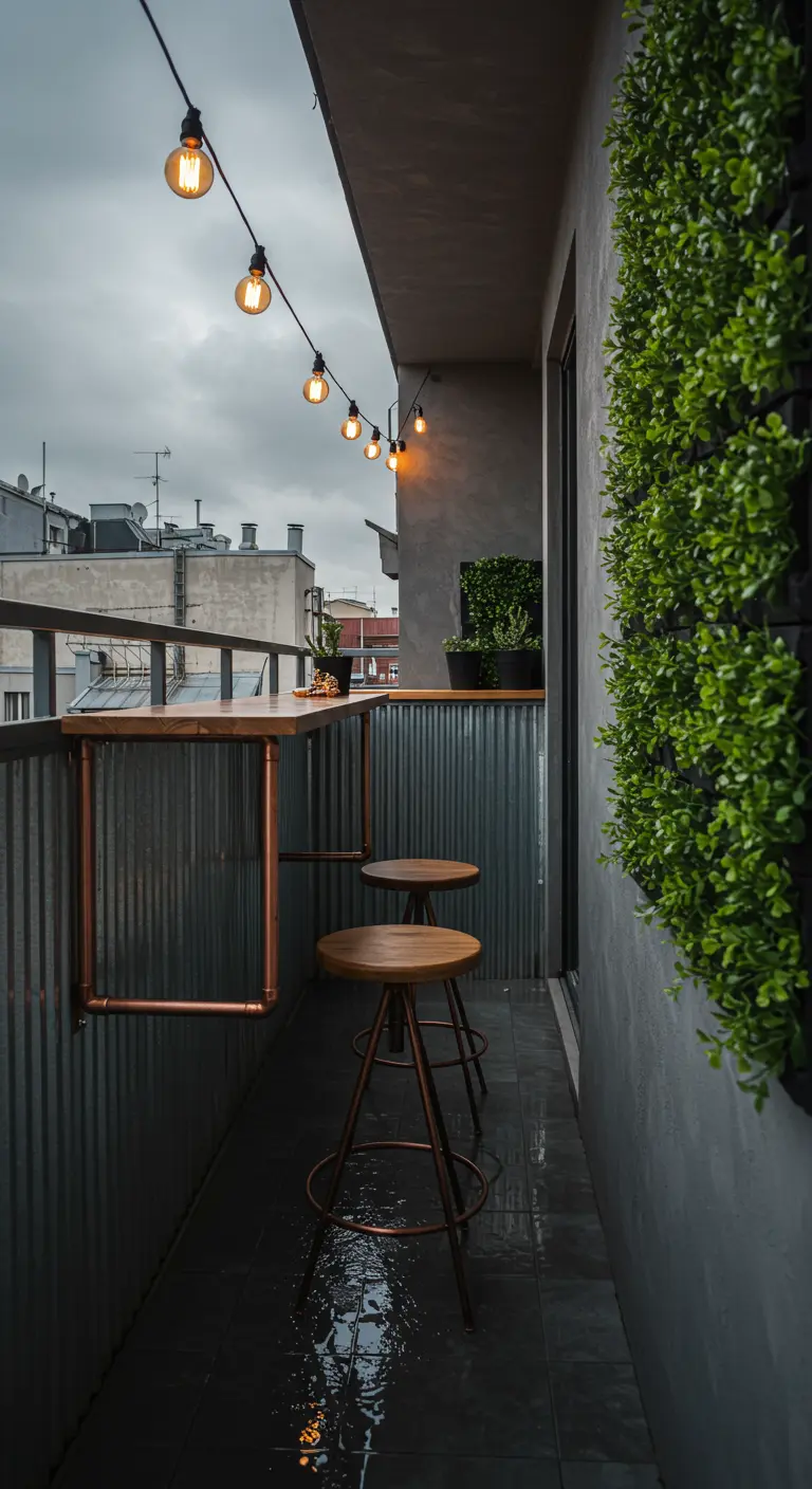 Narrow balcony bar with copper pipe supports and a vertical garden wall.