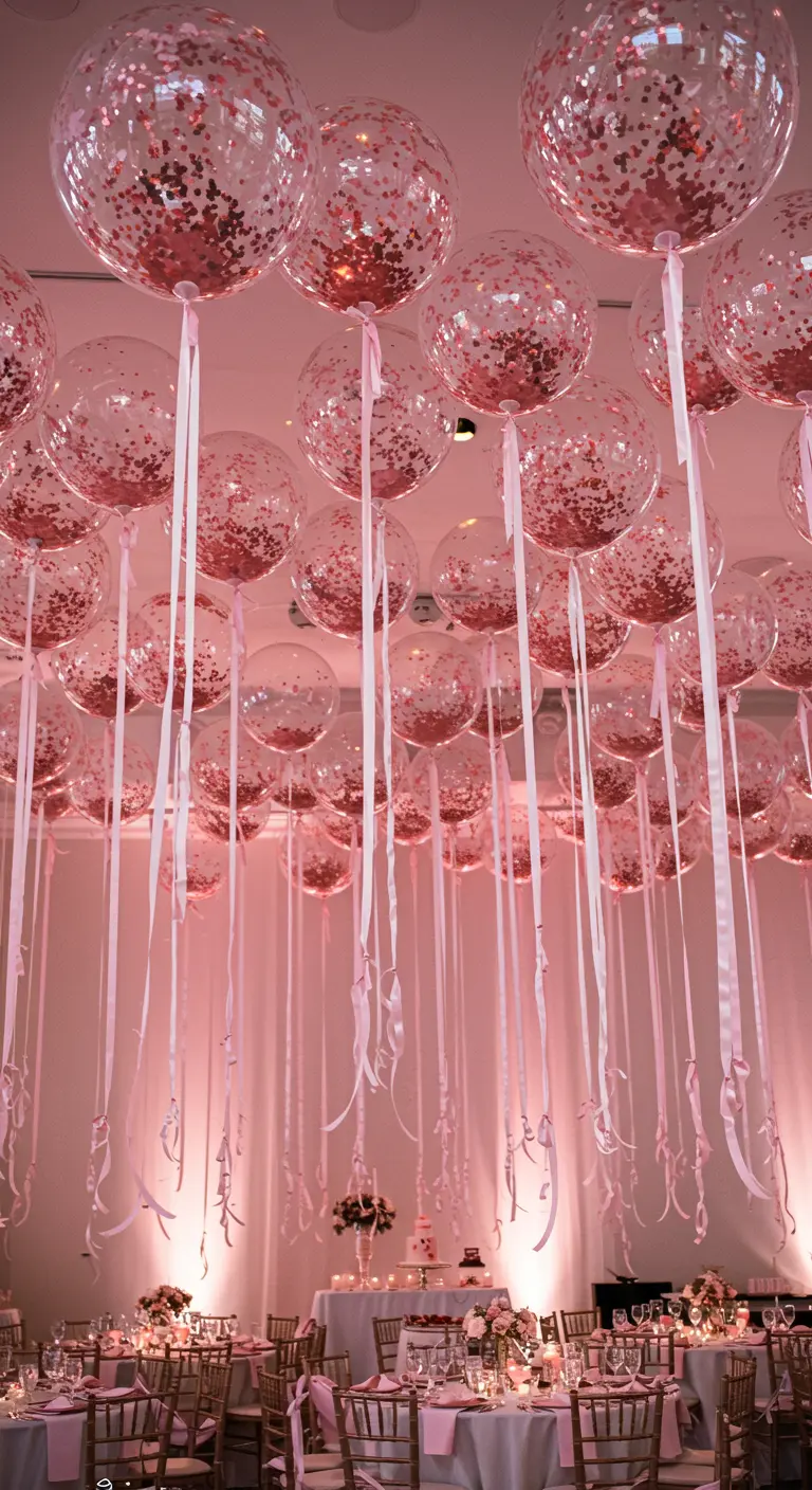 A ceiling filled with clear balloons containing pink confetti, with long ribbons.