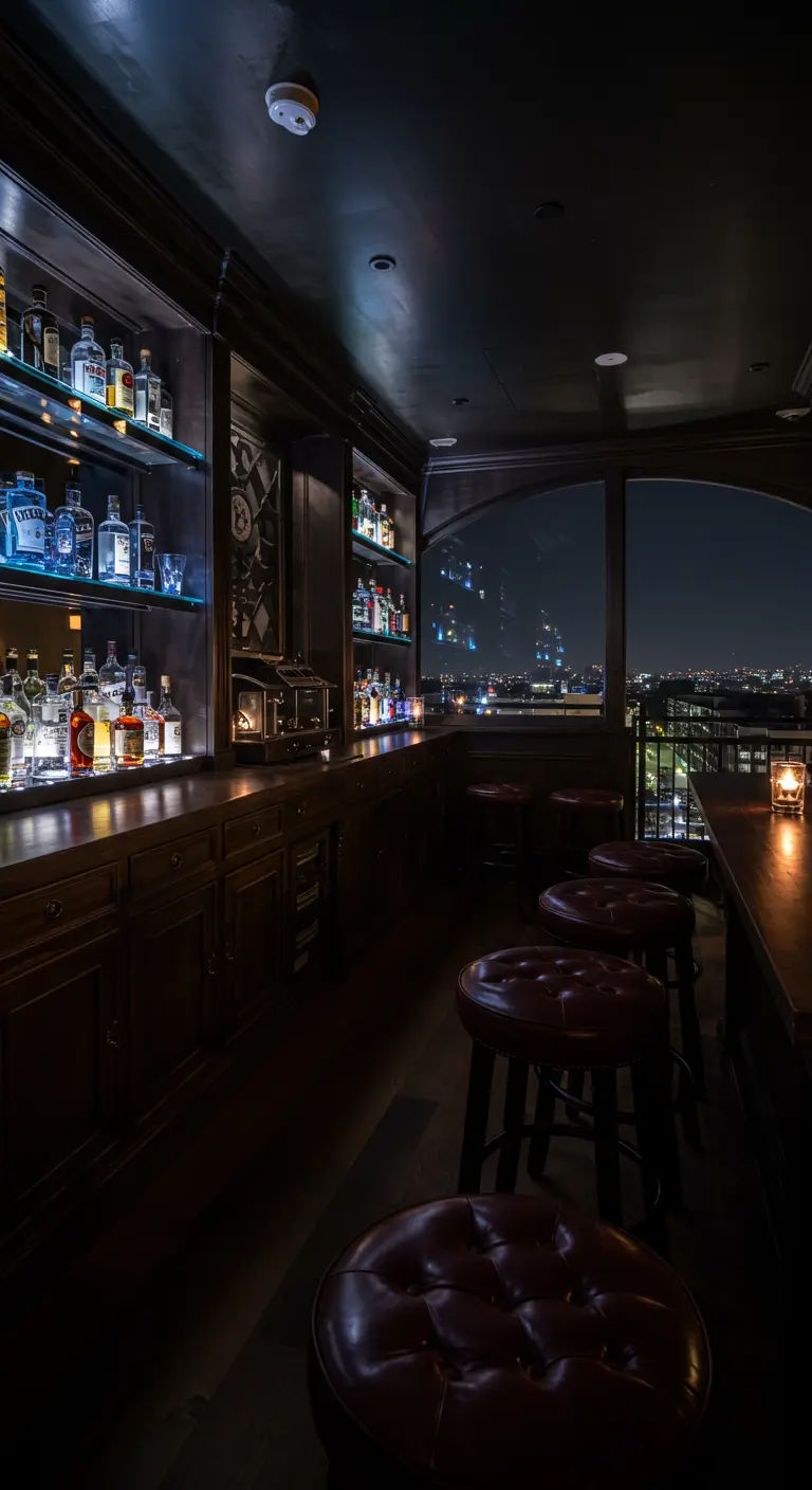 Dark wood speakeasy-style balcony bar with tufted leather stools and warm lighting.