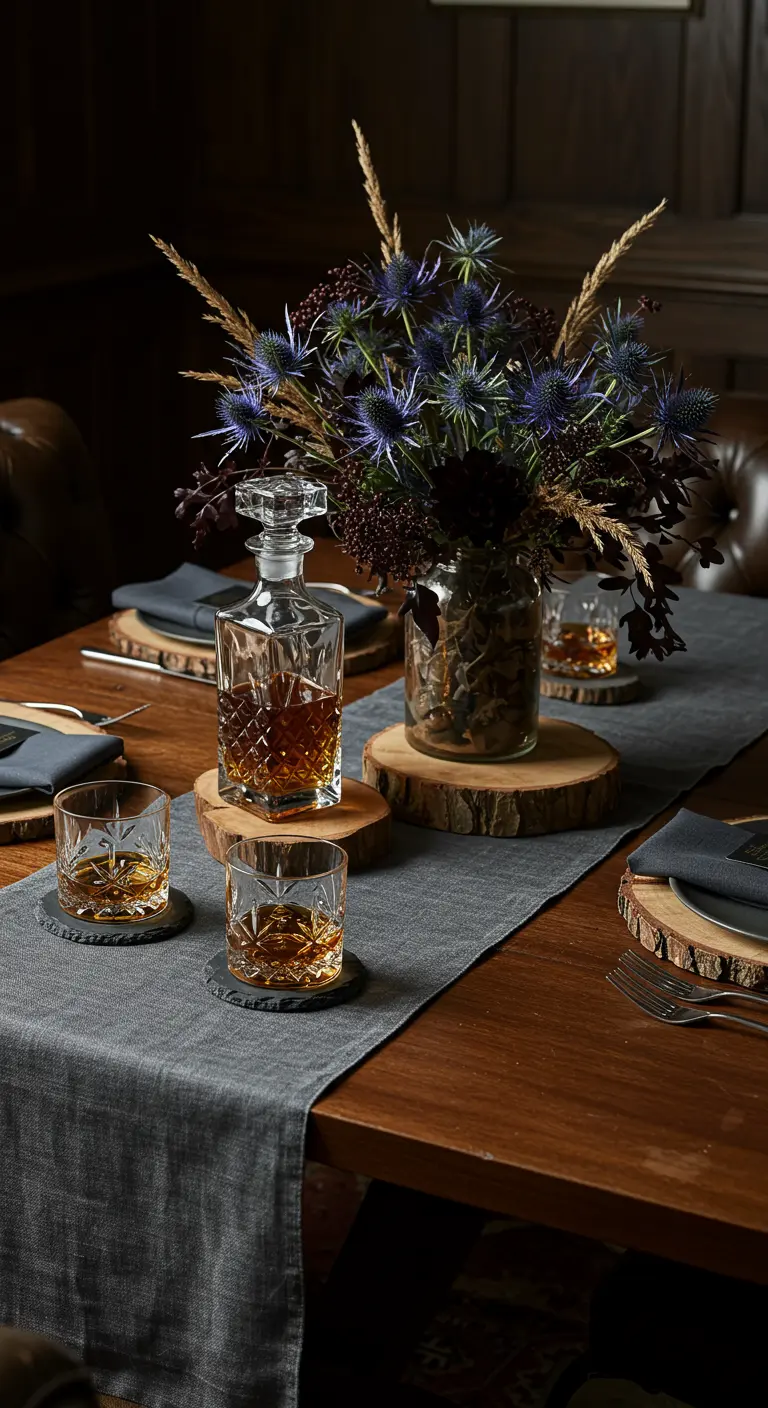 A moody table set for a whiskey tasting with a crystal decanter and thistles.