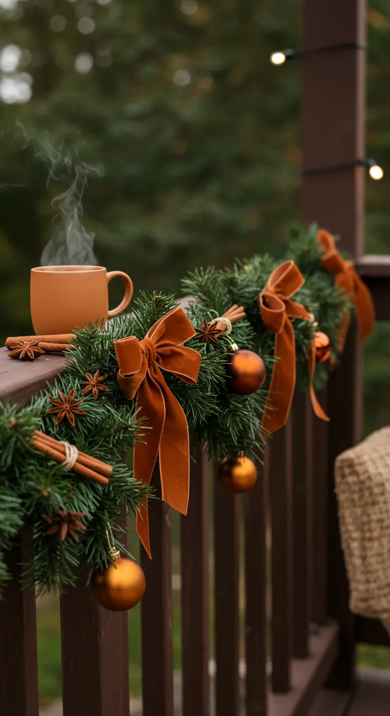 A garland on a dark railing decorated with terracotta-colored bows, cinnamon sticks, and star anise.