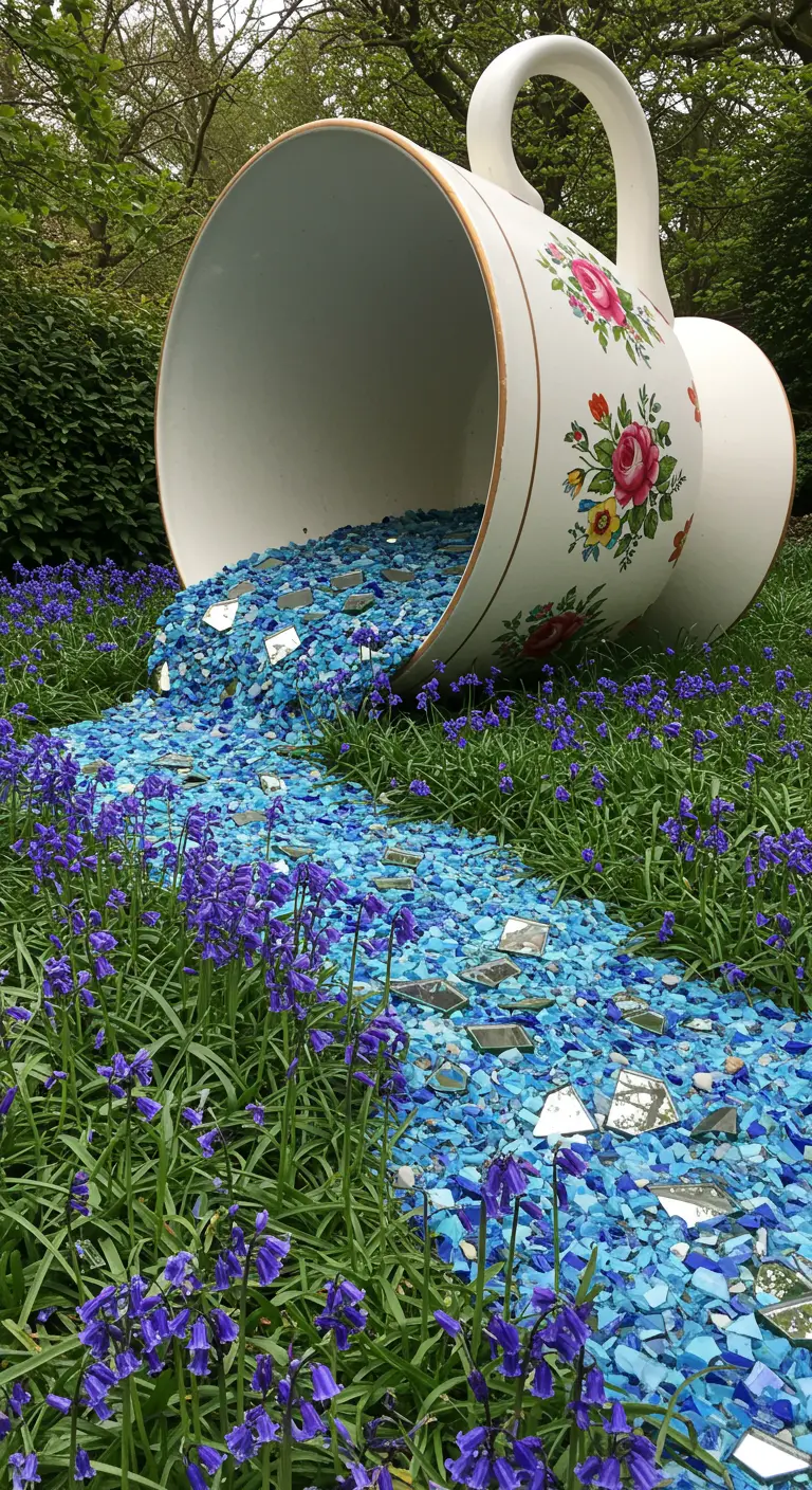 A giant teacup on its side, with a river of blue glass and mirror shards flowing out into bluebells.