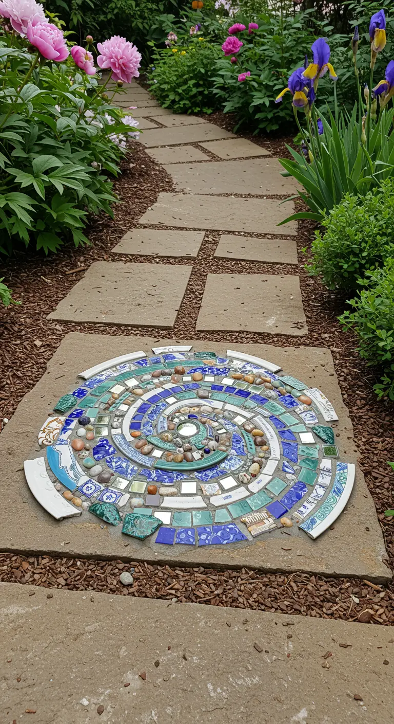 A round mosaic medallion with a spiral pattern of blue and green tiles set into a stone path.
