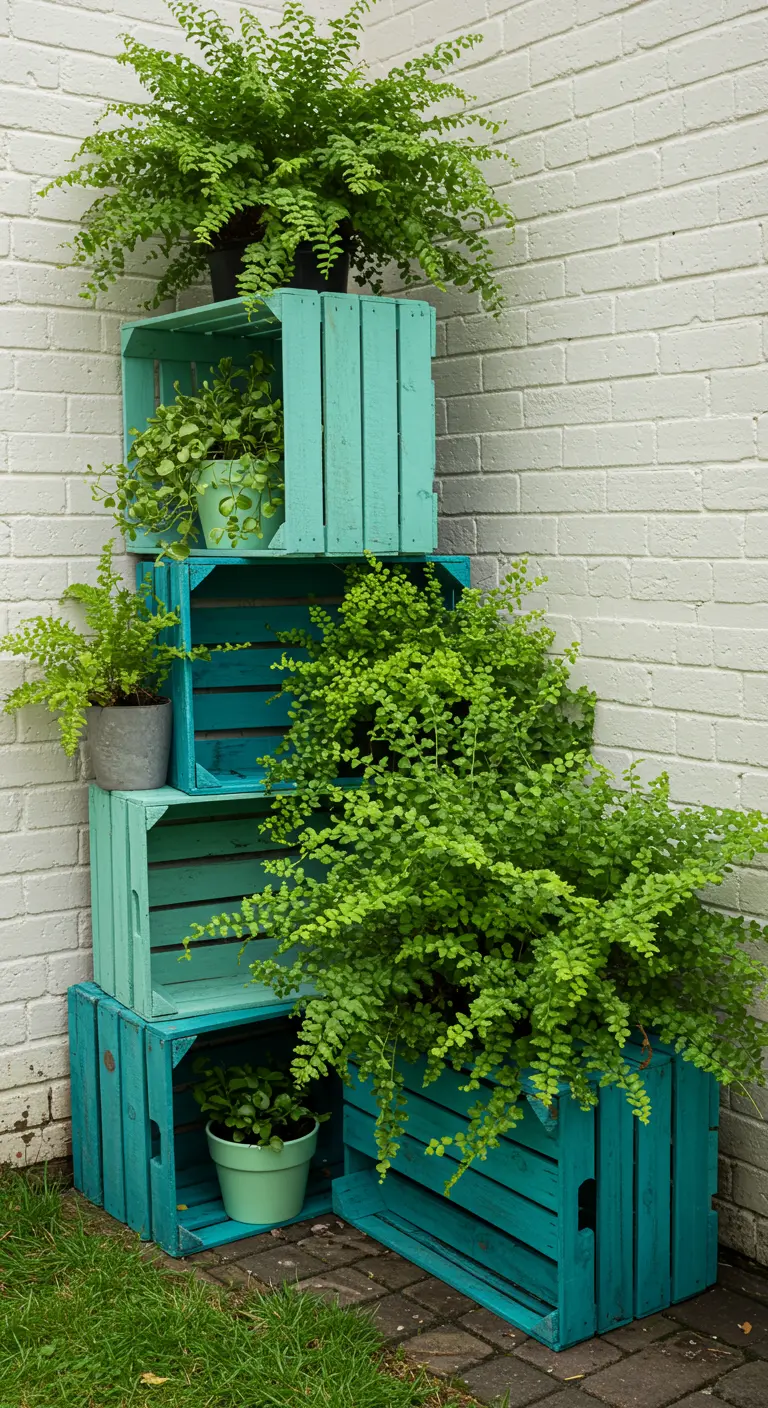 A stack of wooden crates painted in shades of turquoise and teal, filled with potted ferns against a white wall.