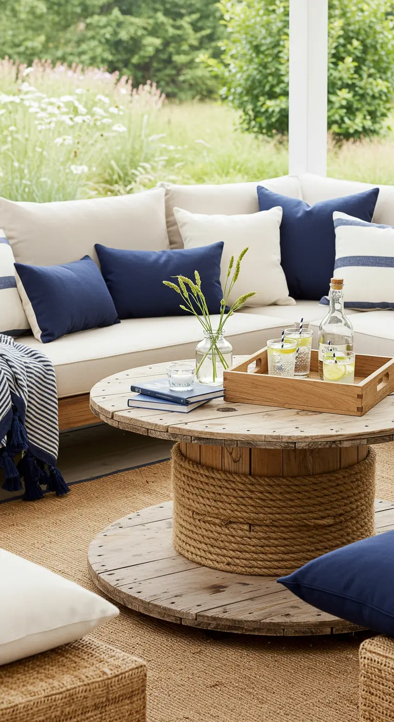 Living room area with a coffee table made from a large wooden spool wrapped in rope.