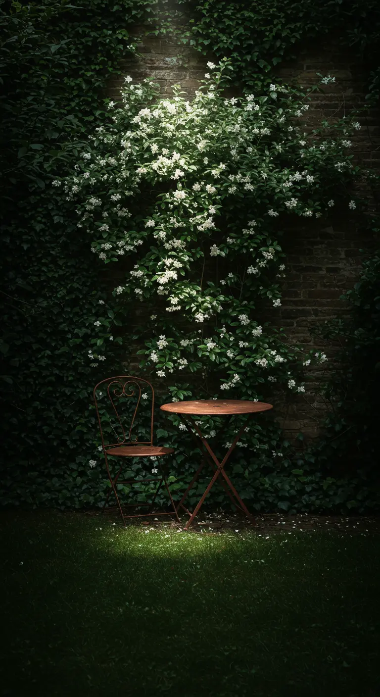 A single bistro chair and table dramatically lit by a spotlight against a dark ivy wall.