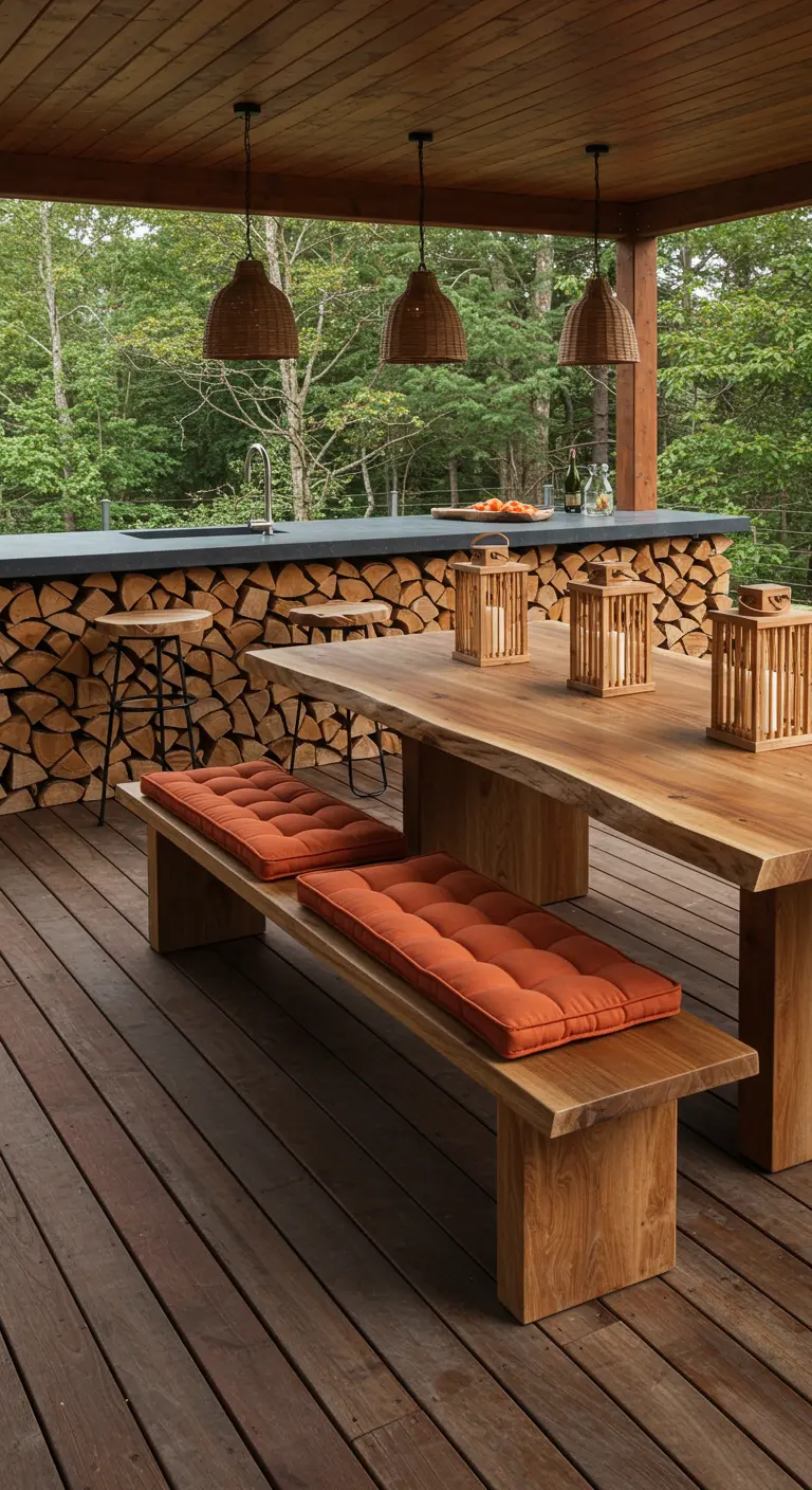 Covered patio with a live-edge wooden table and a bar backed by a stacked firewood wall.