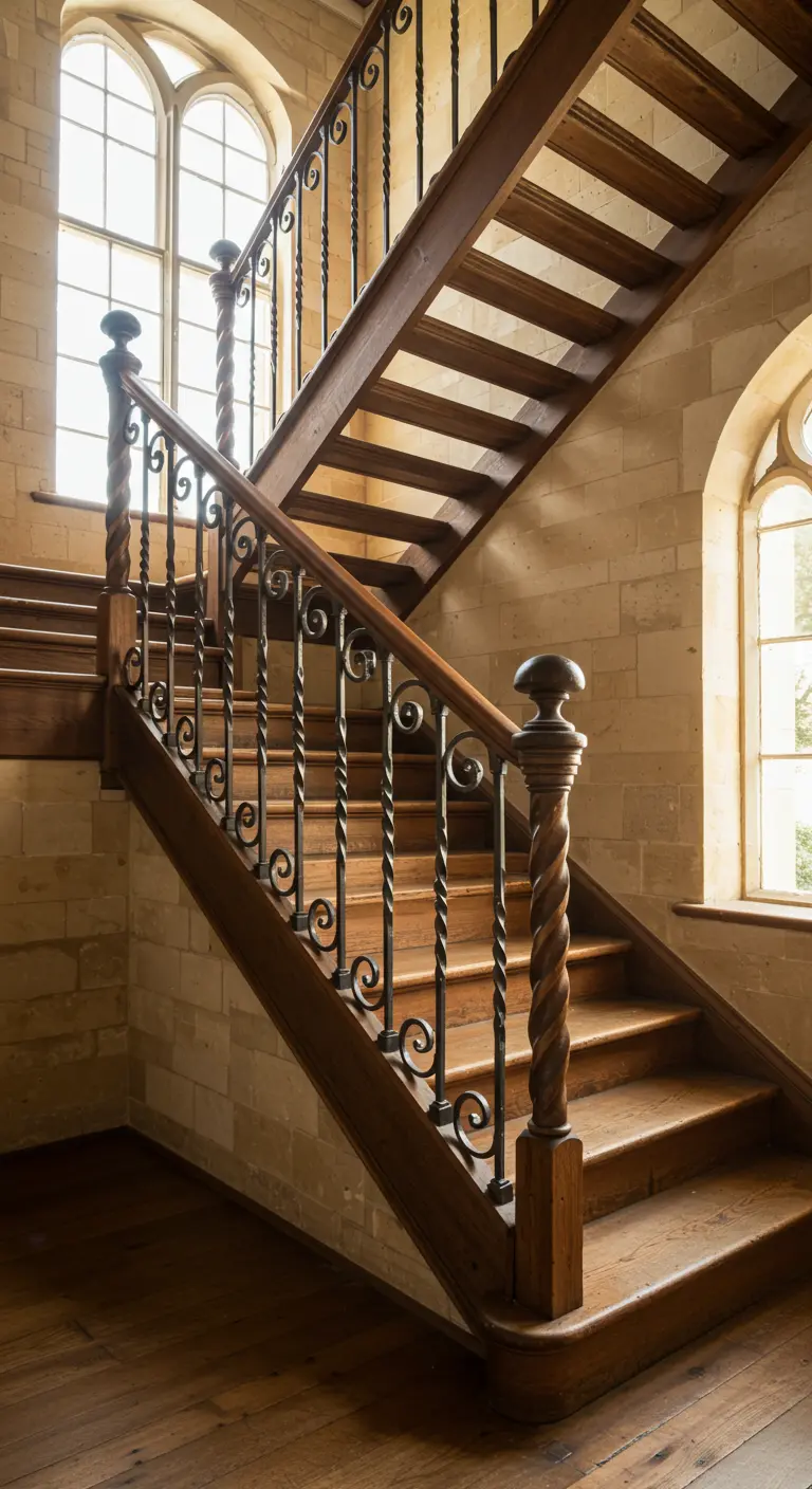 A wooden staircase with intricate wrought-iron balusters and carved newel posts.