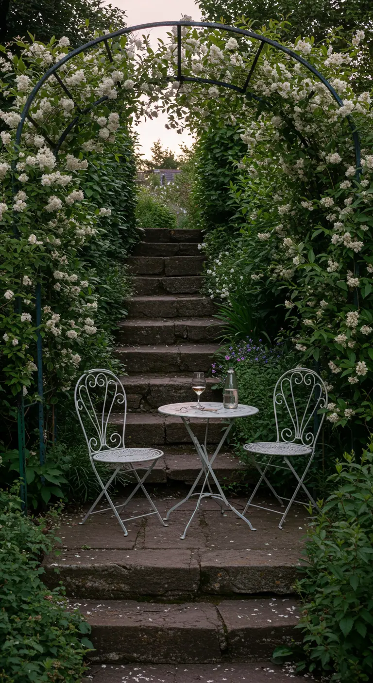A white bistro set on a stone staircase landing, under a romantic jasmine archway.