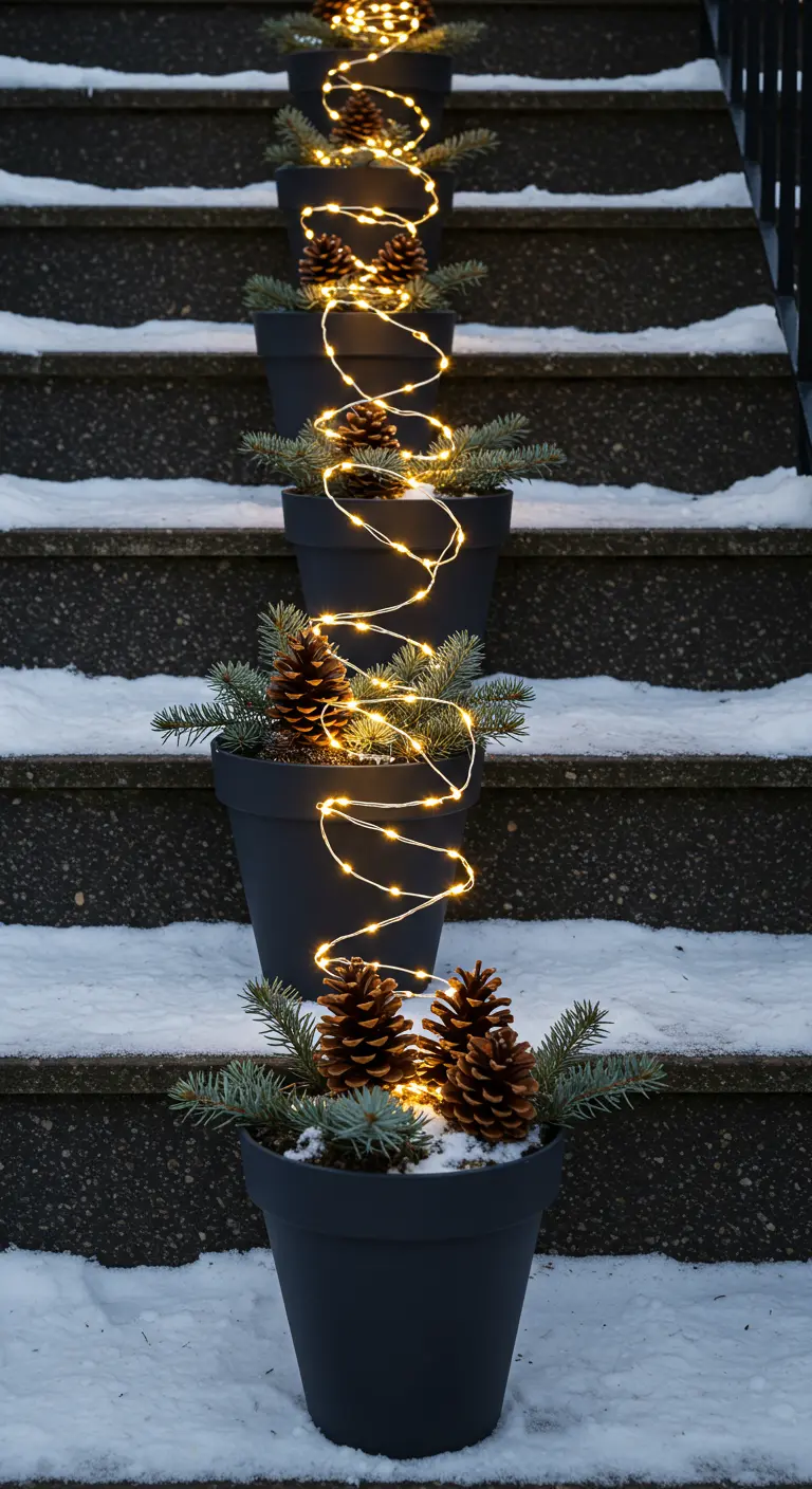 A row of small black pots on stairs, each with a spiral of copper wire lights.