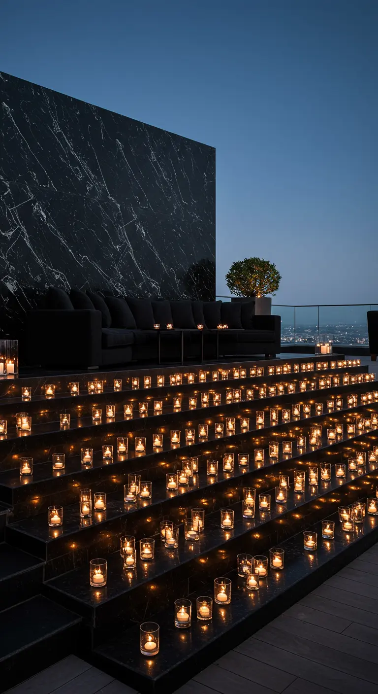 A grand terrace with black marble steps, each adorned with dozens of glowing tealights.
