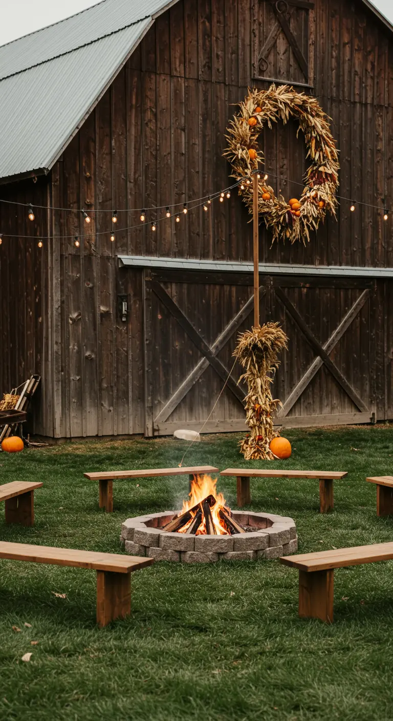 A rustic barn party setup with a fire pit and a large fall wreath mounted on a tall post.