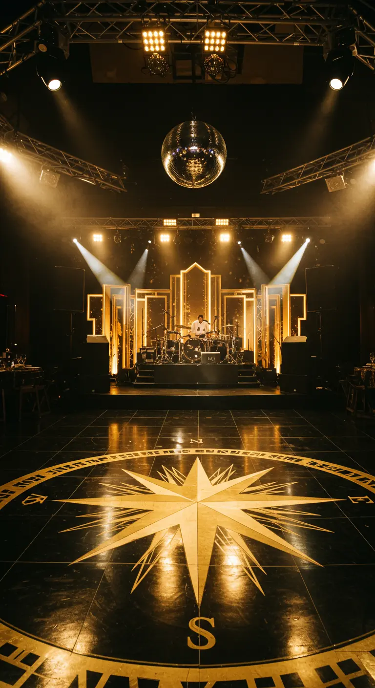 A dance floor with a large gold compass rose decal, a disco ball, and stage lighting.