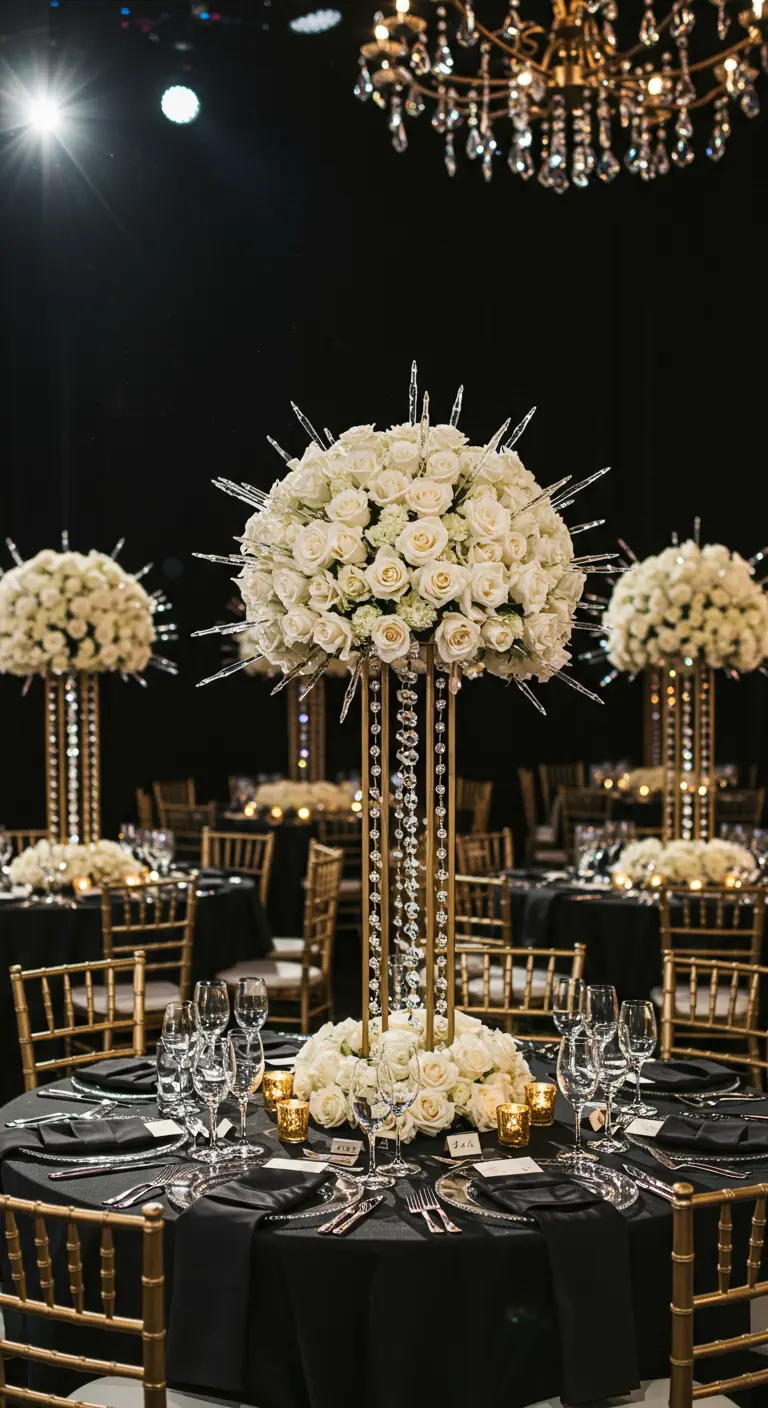 A round white rose centerpiece with spiky crystal accents on a tall gold stand.