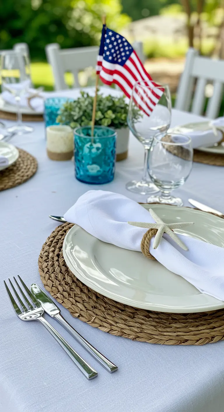 A white plate setting with a white napkin held by a jute twine and starfish napkin ring.