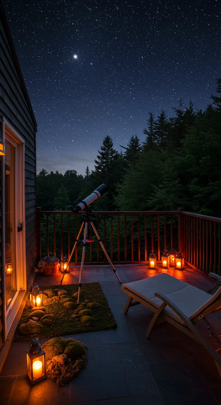 A dark balcony with a telescope pointed at the starry sky and low lanterns.