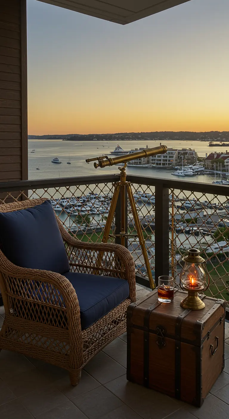 A balcony with a wicker chair, telescope, and lantern overlooking a harbor at sunset.