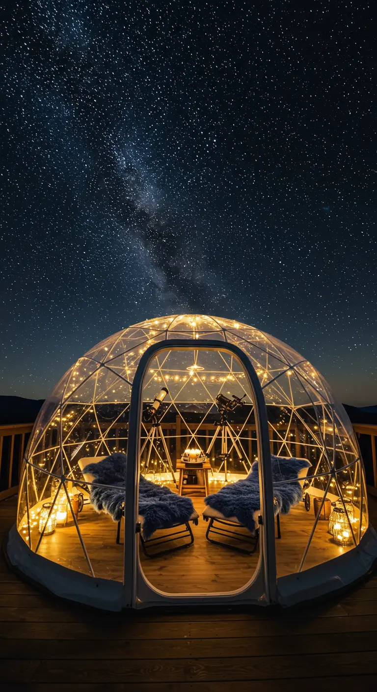 A transparent pod with telescopes inside, set up for stargazing under a starry night sky.