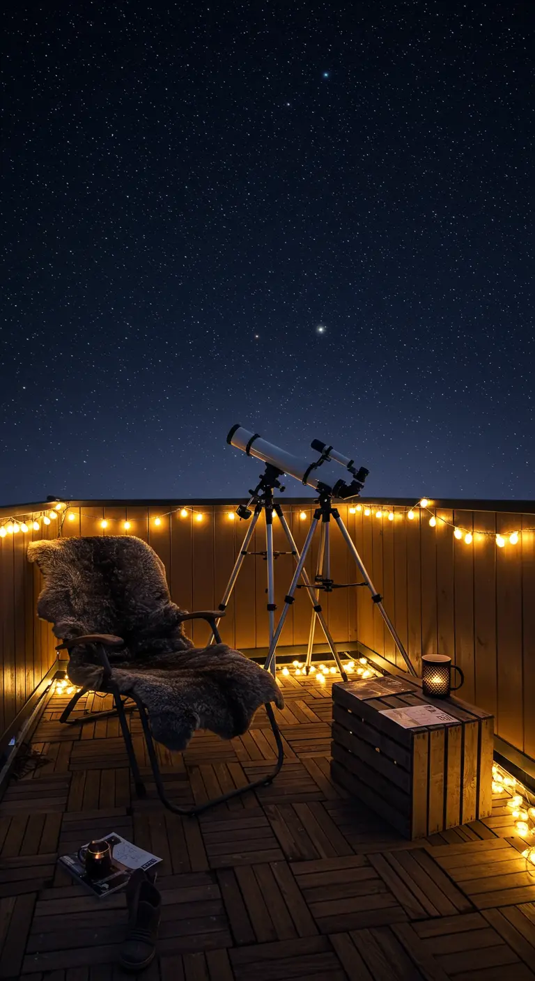 A telescope on a balcony at night, next to a chair with a fur throw.