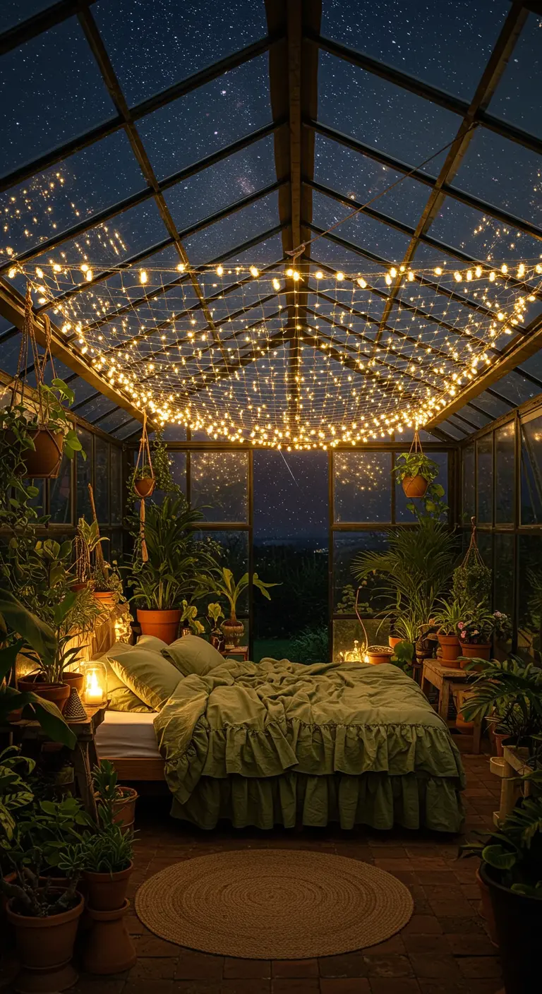Bedroom in a glass greenhouse filled with plants and a ceiling of fairy lights.