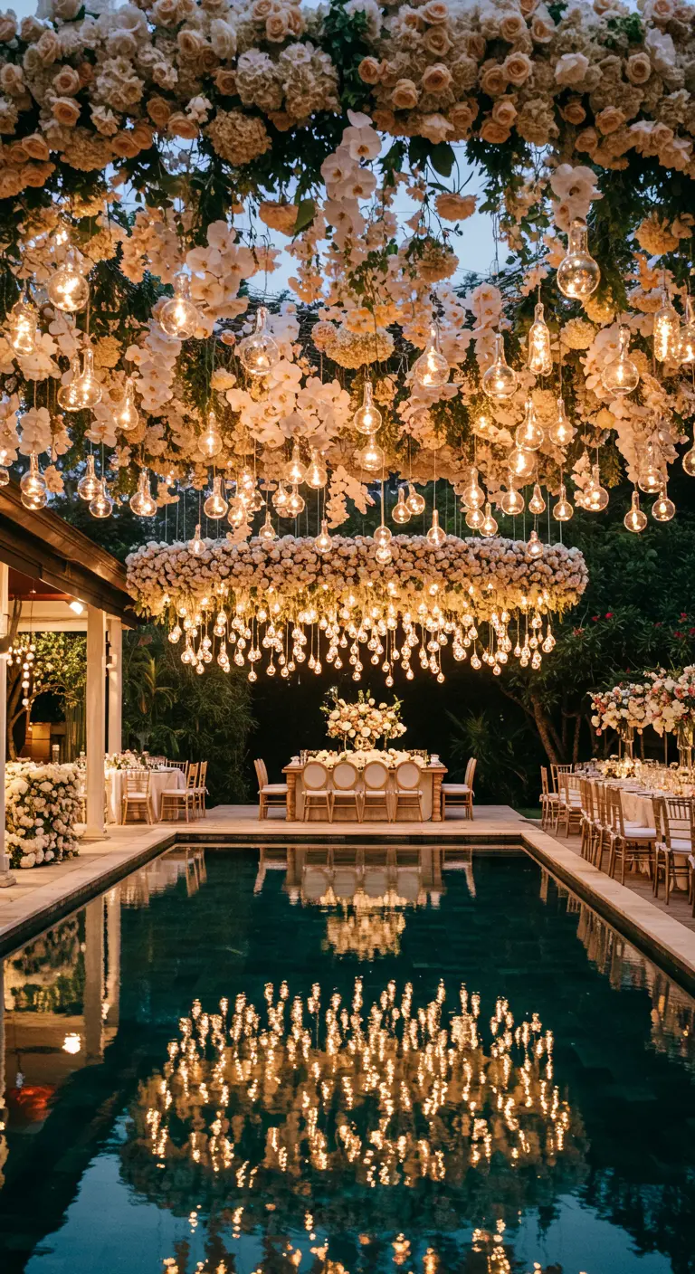 A massive hanging installation of white flowers and lightbulbs over a pool at night.