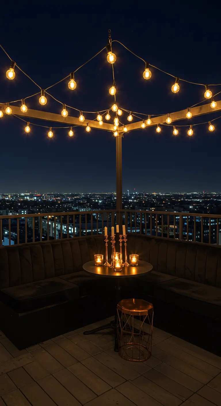 A rooftop corner with a built-in sofa under a canopy of string lights, with the city in the background.