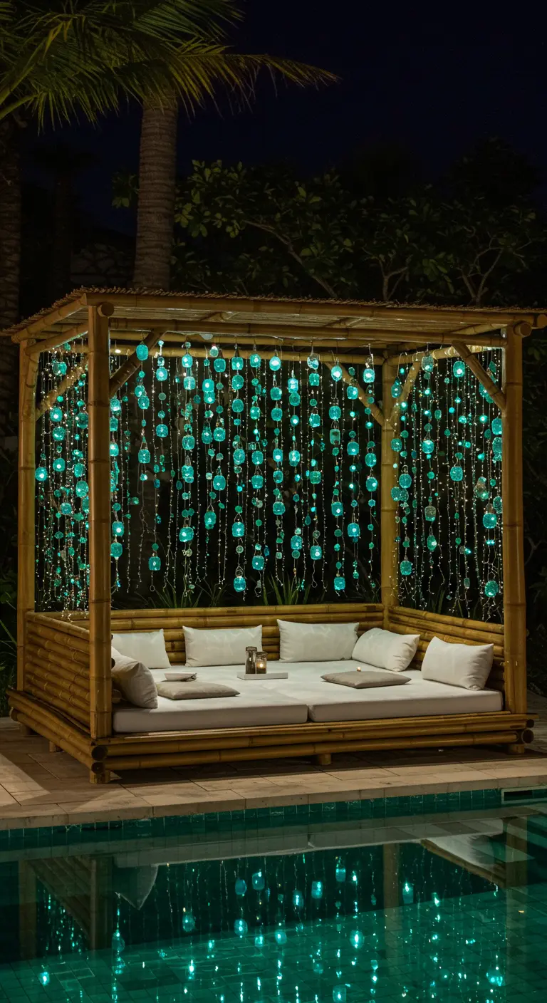 A bamboo cabana daybed decorated with glowing beaded light curtains over a pool at night.