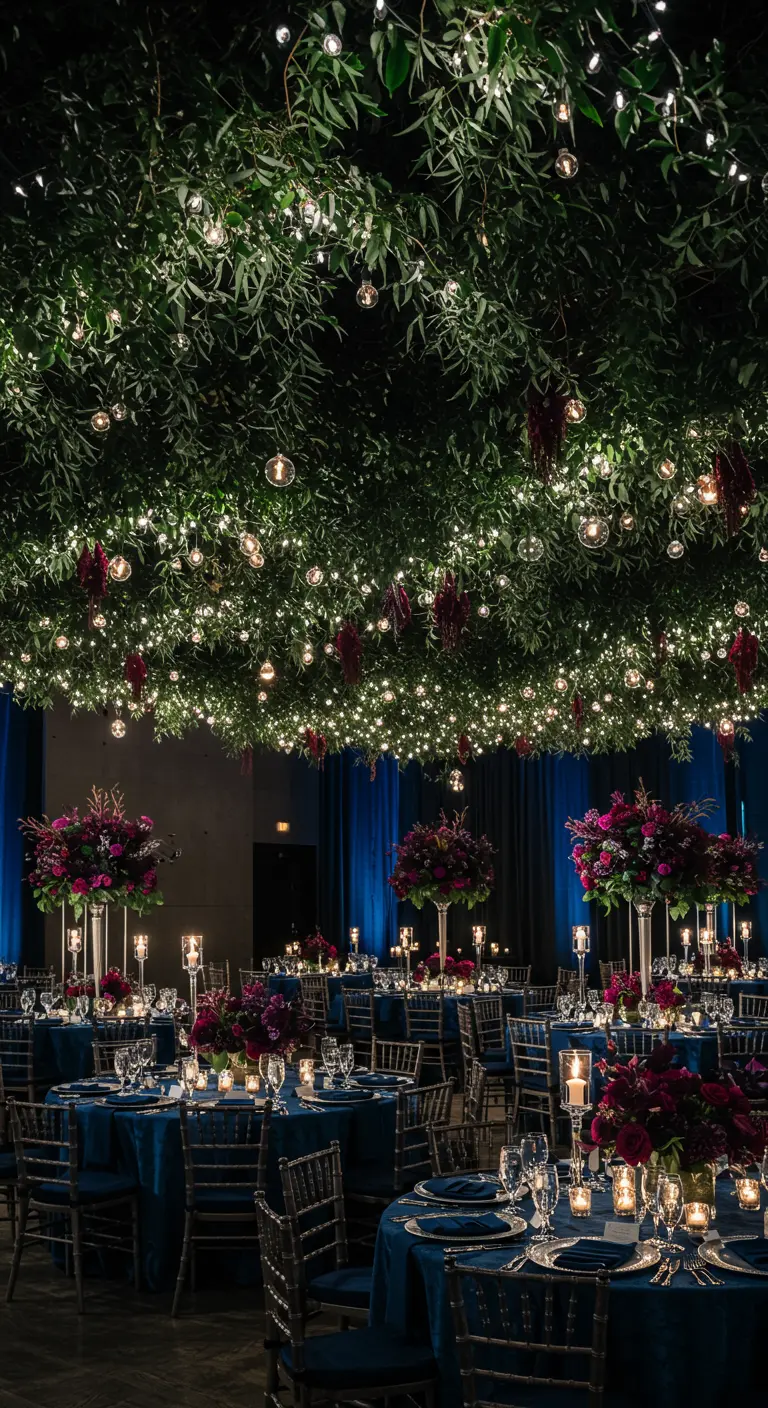 A dark green foliage ceiling lit with hundreds of tiny fairy lights, creating a starry night effect.