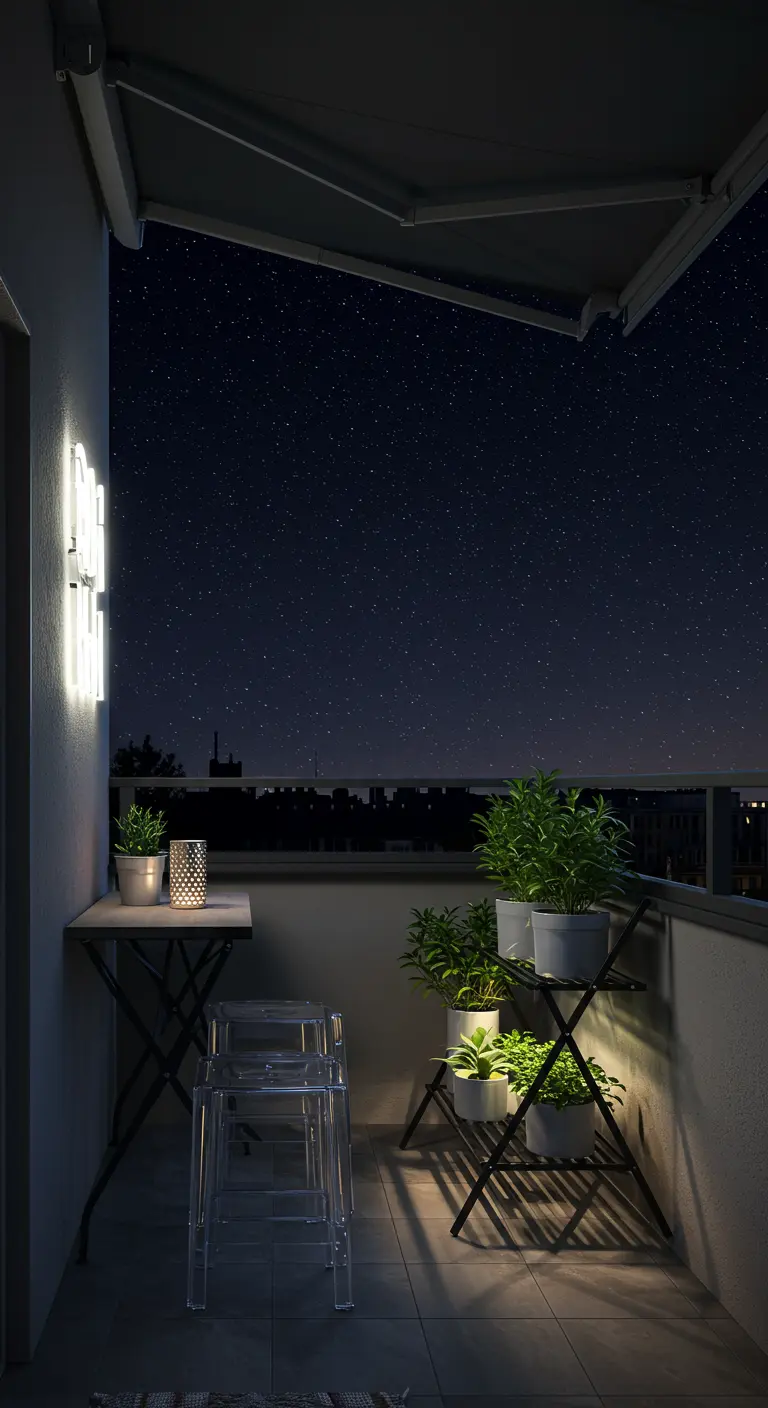 A minimalist balcony at night with transparent acrylic chairs and a starry sky.