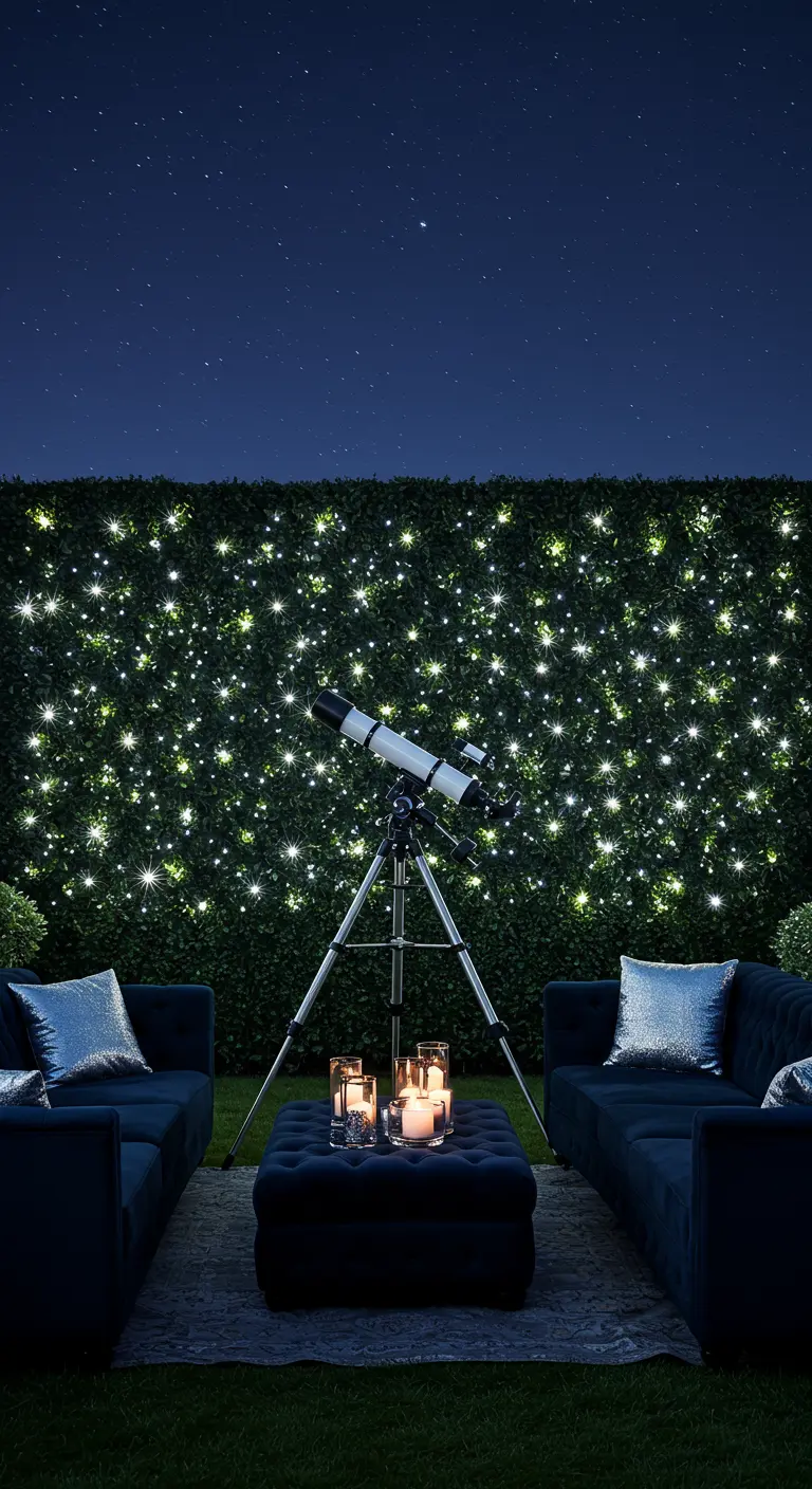 A chic outdoor lounge with a telescope and a hedge wall lit up like a starry sky.