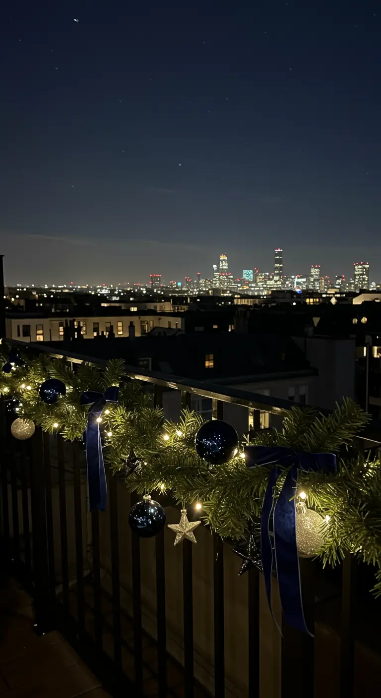 City balcony at night, with an illuminated garland holding blue ribbons and starry ornaments.