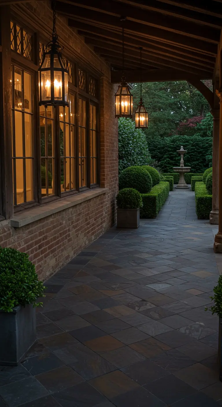 Elegant hanging lanterns illuminate a covered slate walkway of a classic brick manor.