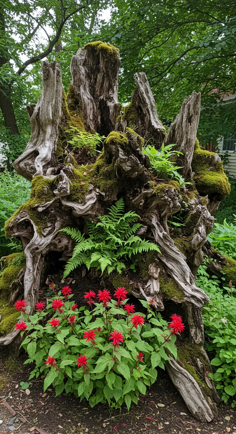 A gnarled, mossy tree stump with ferns, and bright red bee balm flowers growing at its base.