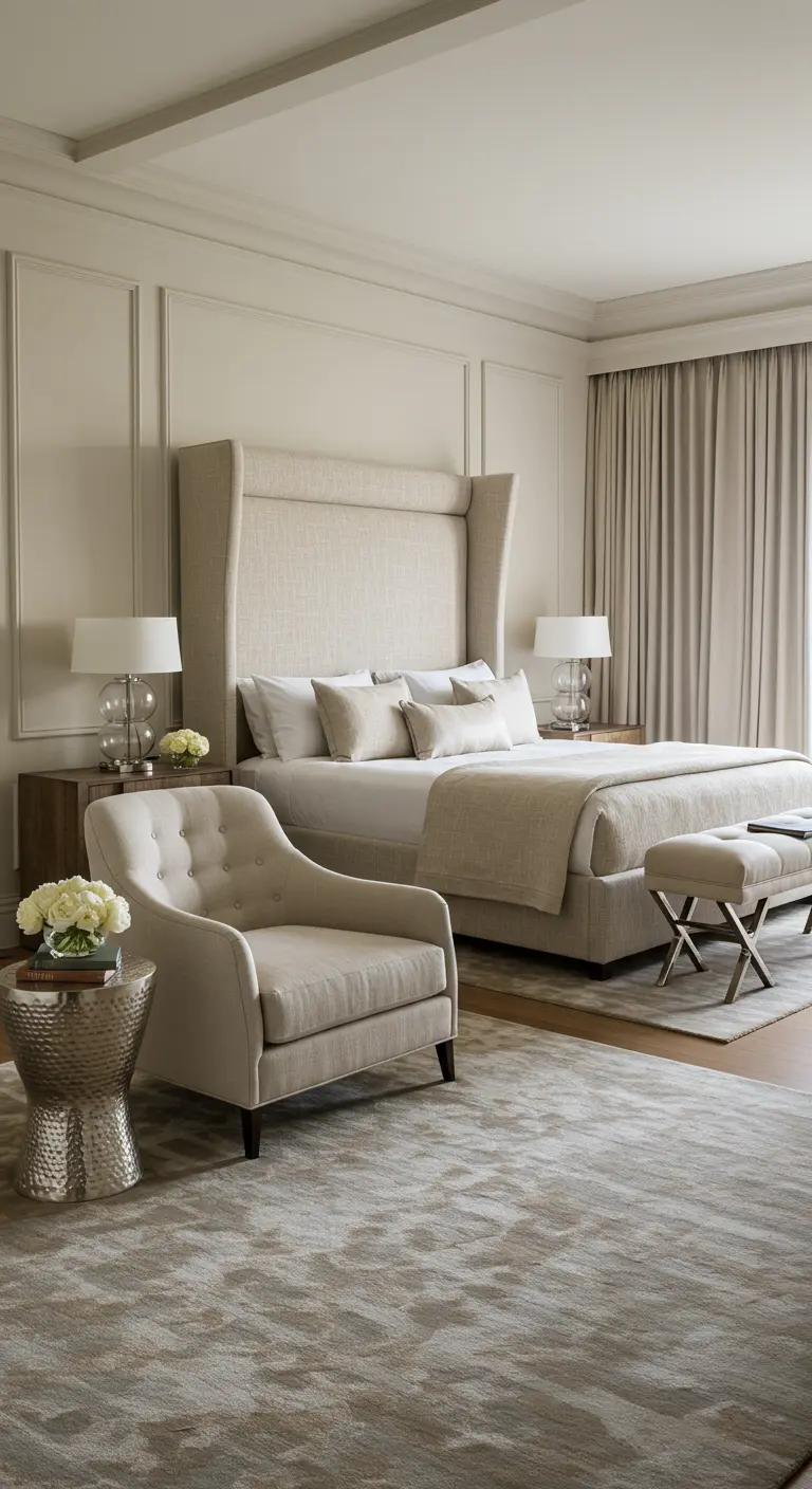 Grand bedroom with a tall, upholstered wingback bed and a separate seating area.