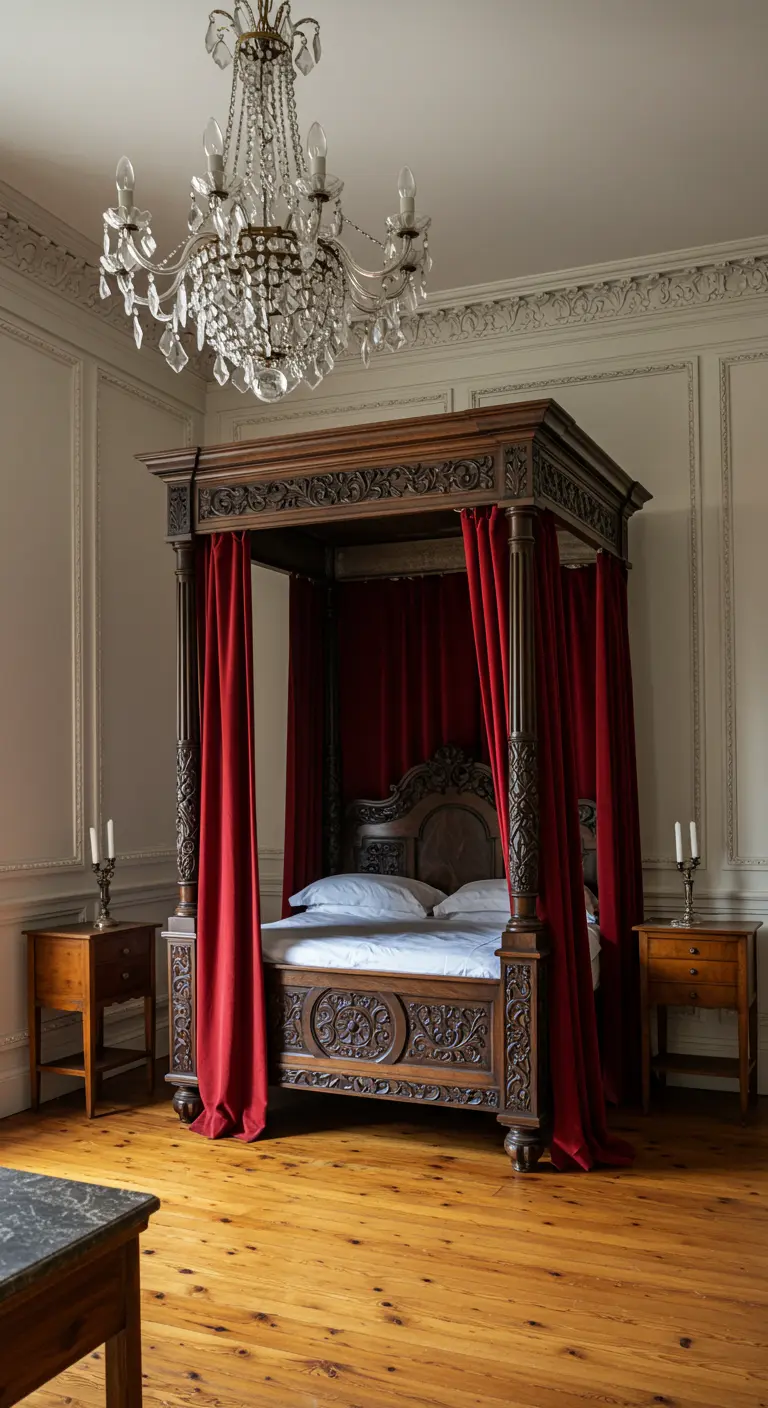 Ornate wooden four-poster bed draped with heavy red velvet curtains.