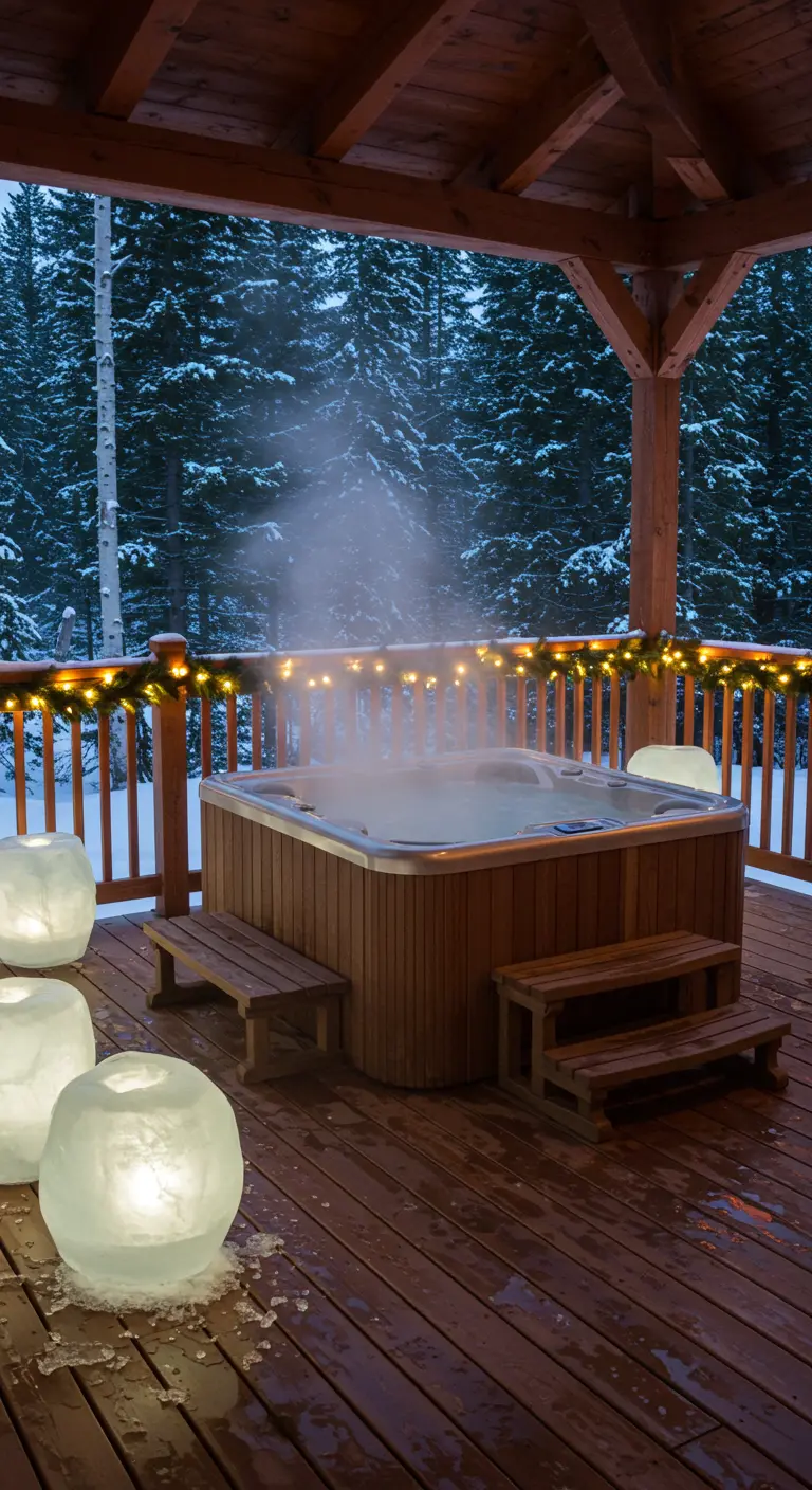 A steaming hot tub on a wooden deck surrounded by large, glowing spherical ice lanterns.