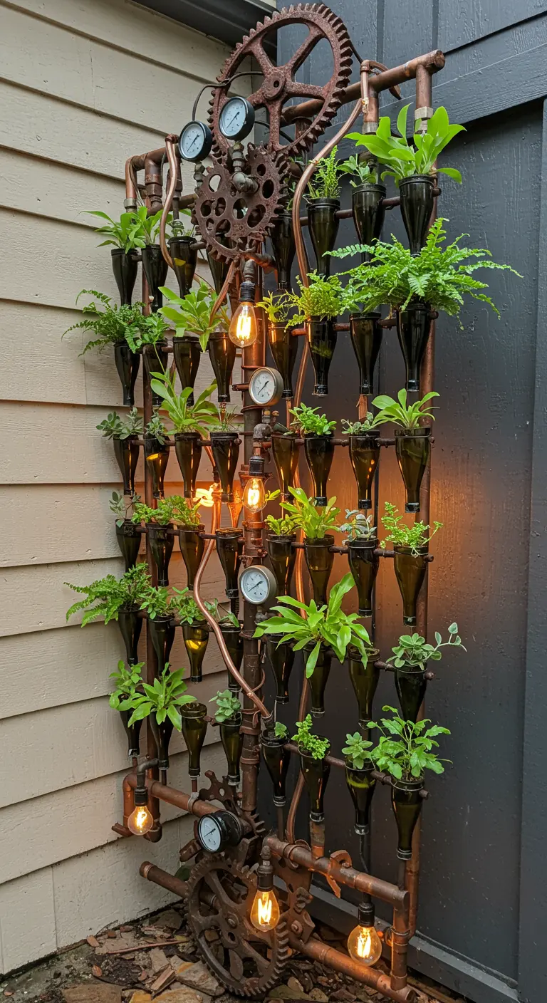 An industrial-style vertical garden made of copper pipes, gears, and bottles.