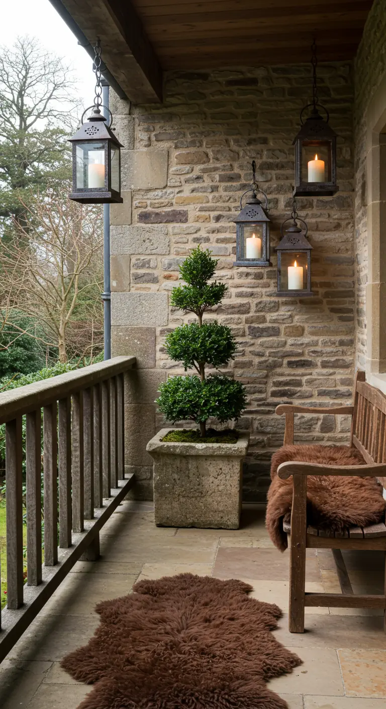 A stone veranda with hanging lanterns, a dark brown sheepskin rug, and a wooden bench.