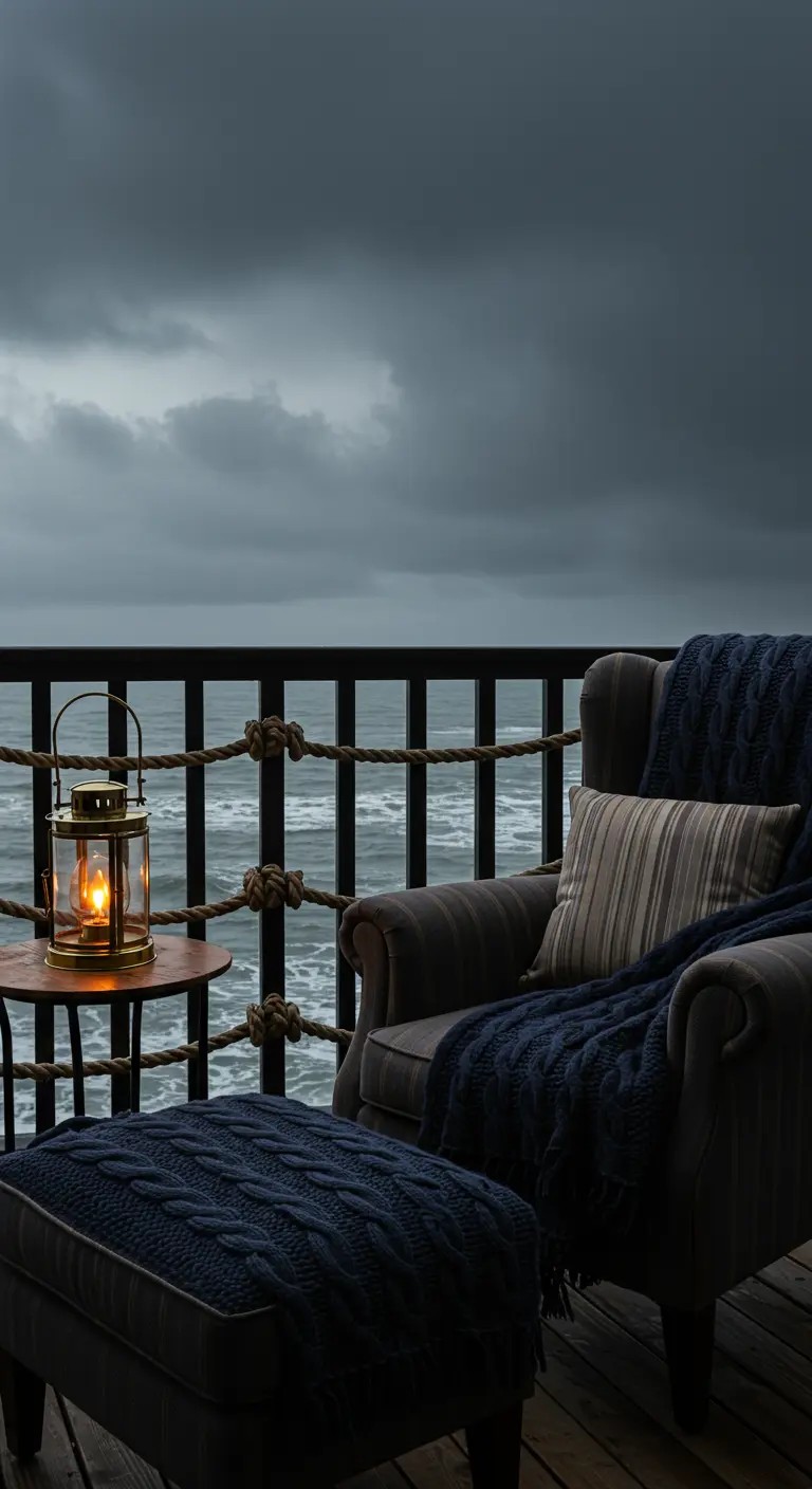 A cozy armchair with a knit throw and a lantern on a balcony overlooking a stormy sea.
