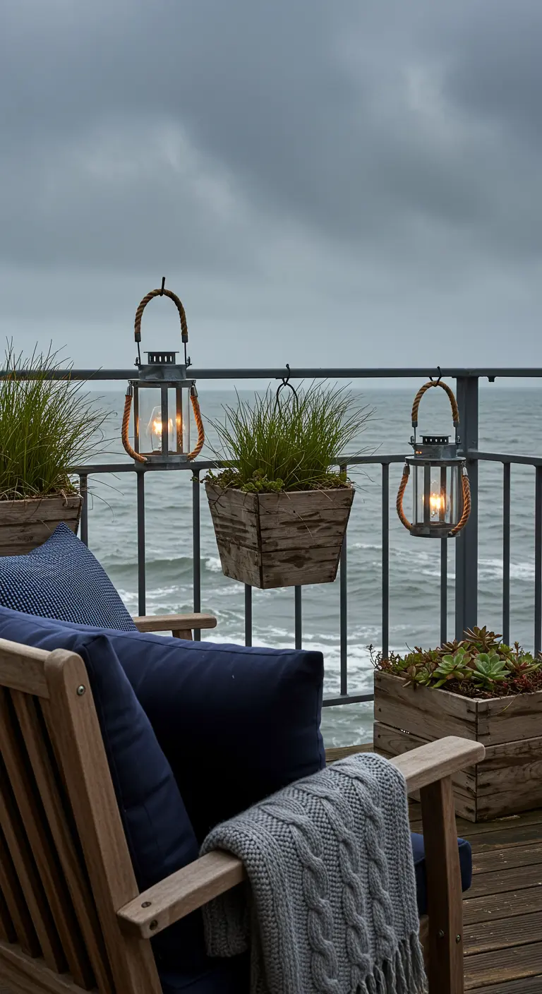Balcony with wooden chairs and hanging lanterns overlooking a stormy sea.