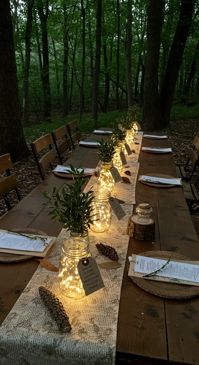 Mason jars with lights and greenery on a newsprint table runner.